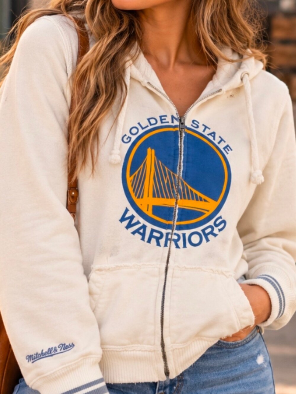 Mitchell & Ness Golden State Warriors Women's XL Cream Full Zip Hoodie NBA